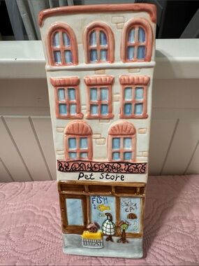 GANZ Ceramic Pet Store Building in Cream, Coral, Blue and Brown